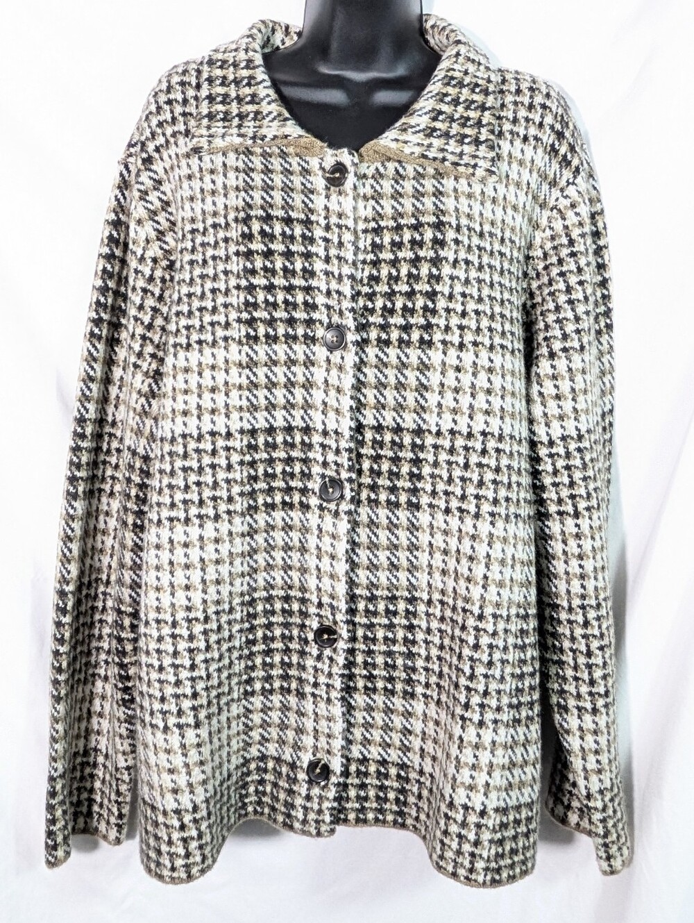 J Jill Jacket Womens ā Houndstooth Plaid Sweater Cardigan Jacket Wool Blend Sz L